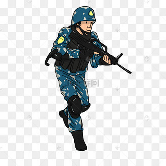 全副武装穿军服的男特种士兵手持枪支执勤插画