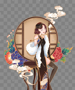 国潮风窗边拿烟斗的旗袍女子