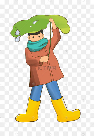 下雨天荷叶遮雨的男孩插画