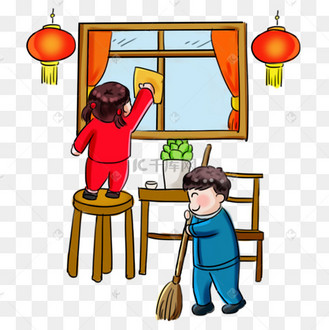 2019新年过年系列卡通手绘q版打扫卫生