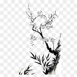 水墨黑白国画写意风雅白梅png花鸟