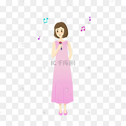 卡通手绘穿藕荷色长裙唱歌的女孩