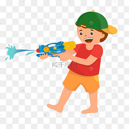 手绘男孩在玩水枪免抠图