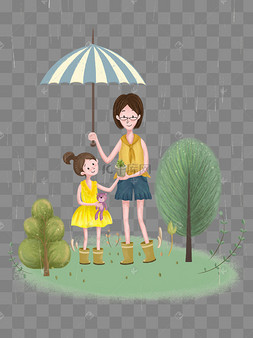 母亲为孩子打伞的画图片