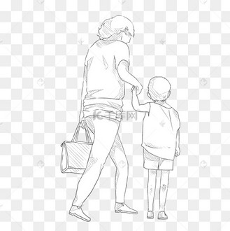 手绘素描母亲牵着孩子走路