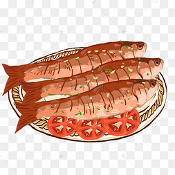 矢量烤鱼美食插画设计元素户外烧烤烤鱼筷子夹烤鱼食物烤鱼红油辣子香