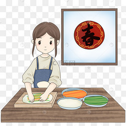 立春做春卷的小女孩