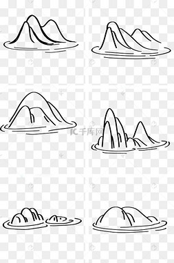 黑白线条山水中国风古风女孩摇扇溪边风景深山不老居水墨风景画png