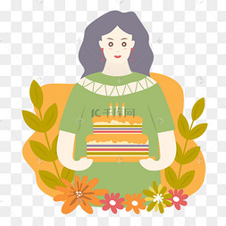 卡通插画风送蛋糕的女孩