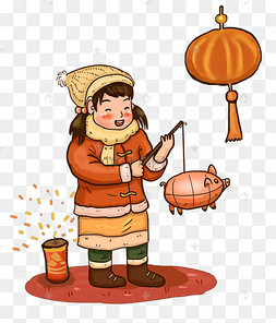 手绘打灯笼的女孩插画