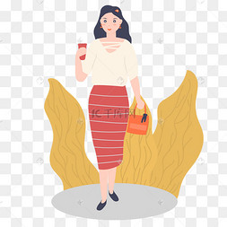 卡通插画风迎面走来的女人