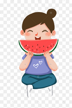 小孩子盘腿坐吃西瓜插画