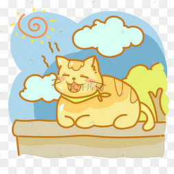 夏天墙头晒太阳老猫快乐的微笑老女人性格举行猫.矢量平面卡通插画