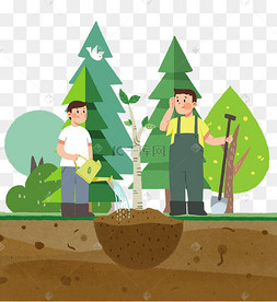 植树节卡通人物种树手绘插画