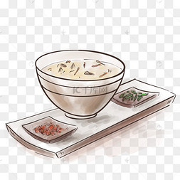 水墨中式早餐粥手绘美食皮蛋瘦肉粥插画白粥米粥腊八节喝粥的小女孩