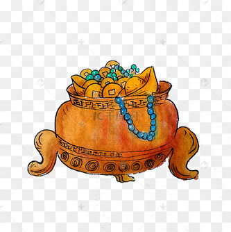 聚宝盆富贵装饰元宝铜钱珠宝png国画水墨