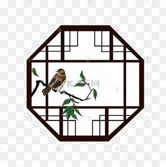 鸟窗棂窗工笔画鸟雀春天国画png