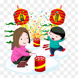 png春节放鞭炮烟花人物下载 png下载psd元旦新年兄妹一起放烟花卡通