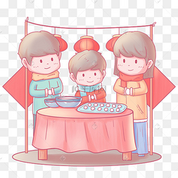 元宵节卡通手绘一家人包汤圆人物