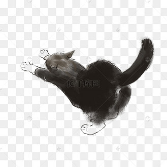 手绘水墨顽皮小黑猫背影