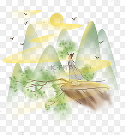 春天古风山上看风景的古代人
