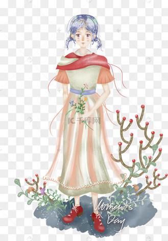 女神节女生节手绘卡通蓝发可爱纱裙女孩png