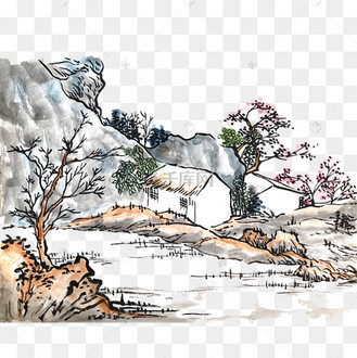 水墨山水国画东方png村庄