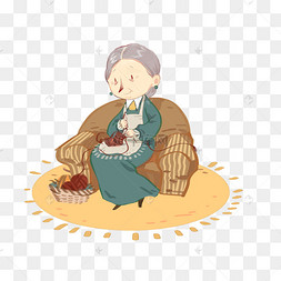 手绘母亲节在织毛衣的母亲免抠图卡通老奶奶免抠图人物手绘矢量图卡通