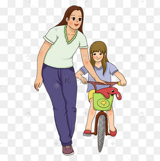 母亲节手绘插画风绿色蓝色骑自行车母女出行手拉车快乐