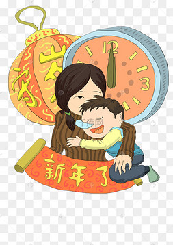 新年习俗红色手绘熬夜守岁的母子