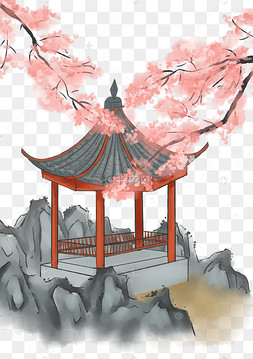 水墨樱花亭子下载 png下载psd水墨中国风古风之瀑布风景下载 png下载