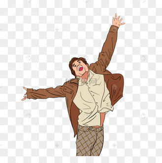双臂张开仰头棕色外套米色衬衣全身波普人物