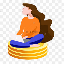 手绘漂亮女孩子坐在金币上