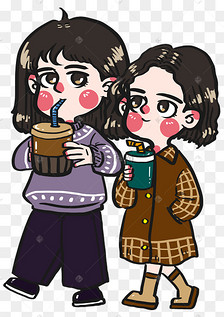 女生节好伙伴好闺蜜一起相约喝奶茶卡通手绘