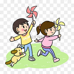 卡通春游儿童玩风车png透明底