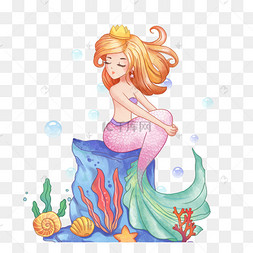 水彩手绘海底美人鱼万圣节南瓜车漂亮的公主装饰插画挂着的可爱月亮