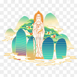 中国风国画三亚地标凤凰岛旅游地