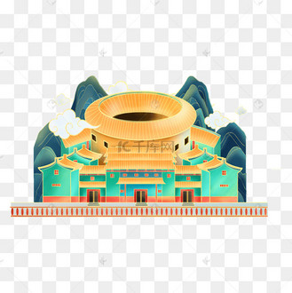 客家围屋国潮风插画
