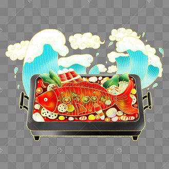 国潮美食烤鱼插画