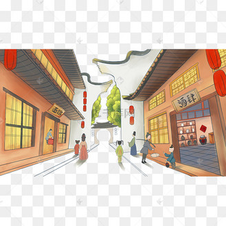 新年春节新中国风古代集市场景手绘插画