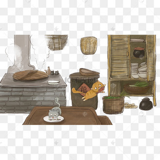 中国风古风水墨古代厨房偷吃鱼的猫