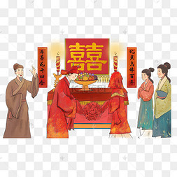 拜堂成亲png透明底卡通手绘腊八节日拜神的女孩拜高堂中式婚礼手绘