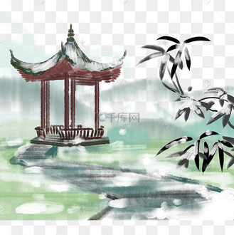 水墨凉亭雪景