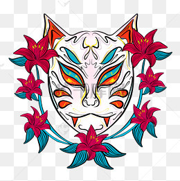 手绘卡通日本狐狸面具插画