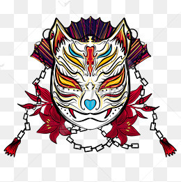 手绘卡通日本狐狸面具插画