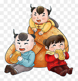 手绘中国风偷东西的福娃插画春节新年福娃吃烧饼美食中国风春节新年福