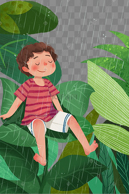 雨水春天绿色植物下雨小孩男孩