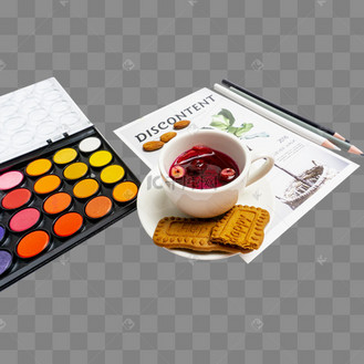 美术绘画水彩颜料果茶搭配休闲时光