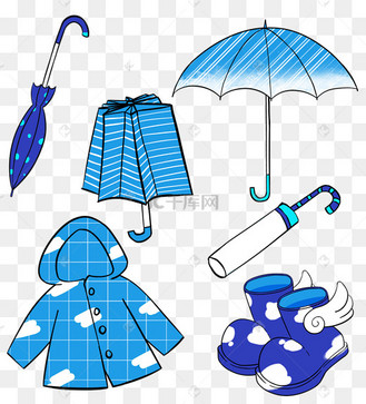 雨靴雨具雨衣简笔画蓝色扁平卡通
