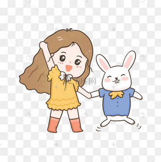 春夏女孩牵手兔子人与自然宠物和谐和平
